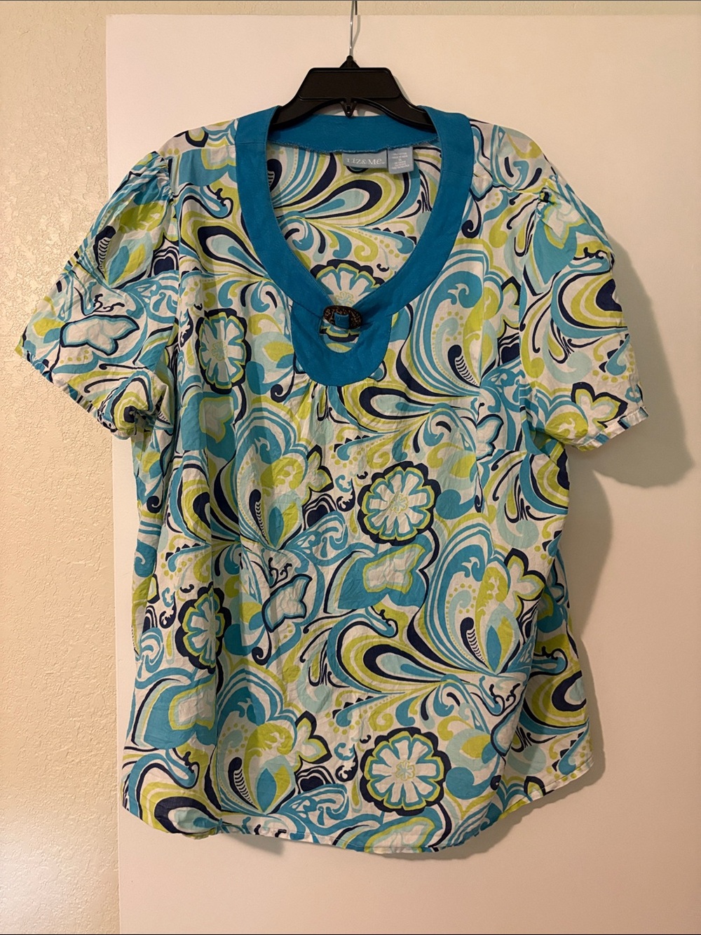 Turquoise, Navy & Lime Floral Short Sleeve Top